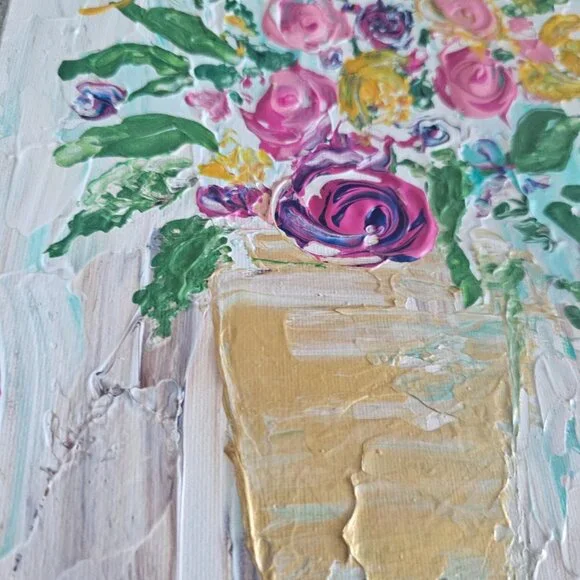 12" x 12" Oil Painting on Canvas Panel Flowers in Vases Planters Floral Unsigned - Picture 2 of 5